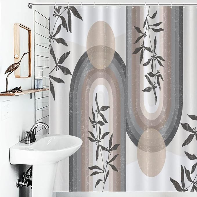 Boho Leaf Mid Century Shower Curtains, Bohemian Plant Mid Century Tropical Abstract Modern Washable Waterproof Fabric for Bathroom Decor Bathtub with 12 Hooks 55x72in（140x183cm）