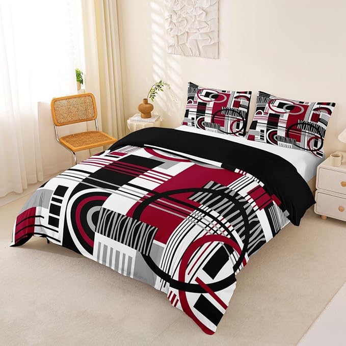 Erosebridal Art Deco Mid Century Duvet Cover Set Retro Modern Abstract Geometric Twin Bedding Sets for Girls Toddler Boys Black and White Burgundy Circles Stripes Comforter Cover Contemporary Bed Set