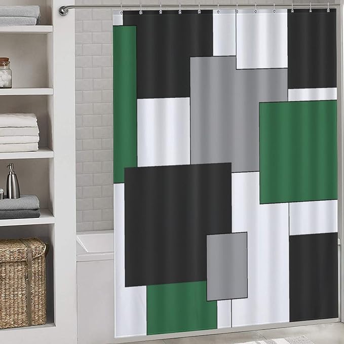 Retro Geometric Shower Curtain,Green Black Modern Geometry Minimalist Neutral Design Bathroom Curtain Polyester Waterproof Fabric Decor 66x72in（168x183cm）