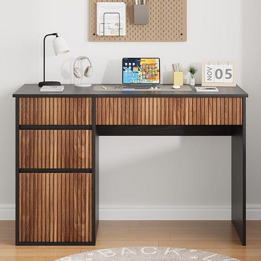 4 EVER WINNER 48 Inch Small Desk with Drawers, Computer Desk with Drawers and Storage Cabinet, Office Desks with Hidden Handle for Home Living Room, Wooden Desk for Small Spaces, Black