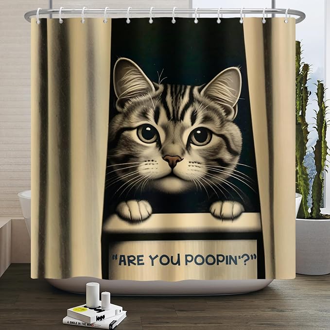 Cat Shower Curtains Cute are You Poopin' Funny Humorous Animal Whimsical Bathroom Curtain Curious Joke Cat Shower Curtain Sets for Bathroom Extra Long 72x72 in with 12 Hooks