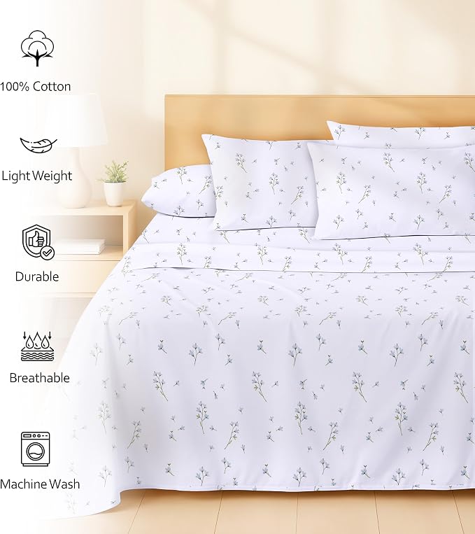 RUVANTI 100% Cotton Percale Sheets Queen Size 6 Piece Set, Cooling Bed Sheets for Hot Sleepers, Deep Pocket 16”, Breathable Lightweight & Durable, Crisp Hotel Style Sheets, Burgeon