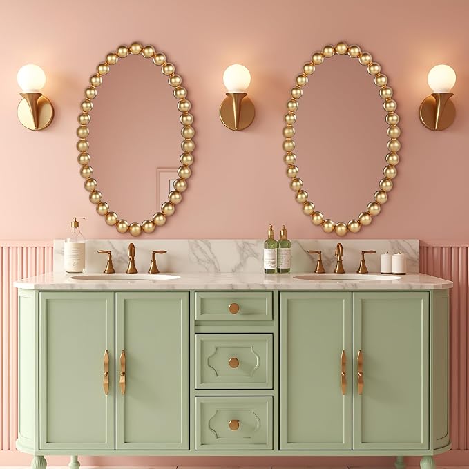 Oval Round Wall Mirror - 30 Inch Decorative Framed Bathroom/Living Room Accent Mirror with Beaded Ball Trim - Vintage Modern Style