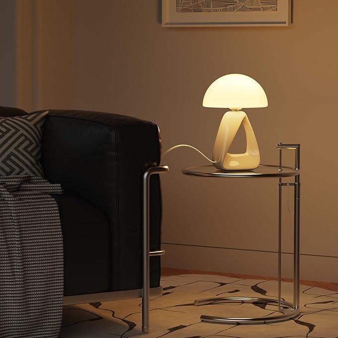 Mushroom Lamp, Small Table Lamp for Bedroom, Creative Geometric Ceramic Base Bedside Lamp, Mid Century Modern Side Table Lamp for Living Room Nightstand, Unique Aesthetic Home Decor Gift Ideas, White
