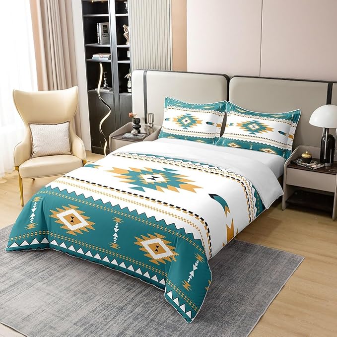 100% Cotton Boho Lattice Duvet Cover Queen, Aztec Bedding Set, Bohemian Navajo Ethnic Retro Yellow Striped Exotic Western Tribal Comforter Cover Teal Medallion Egyptian Bedroom Decor Quilt Cover