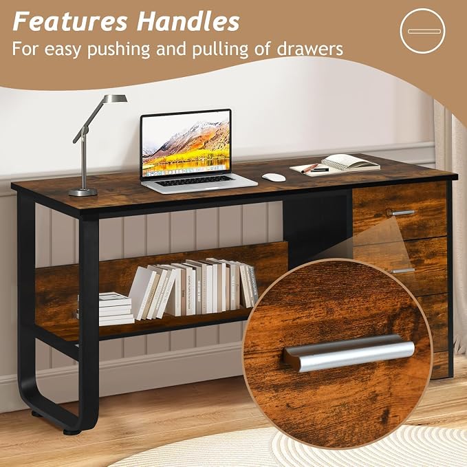 MaverickFurni Small Computer Desk with Drawers, 47 Inch Home Office Desk with 3 Drawers & Bottom Shelves, Study Desk with Storage for Bedroom, Writing and Work, Black and Brown