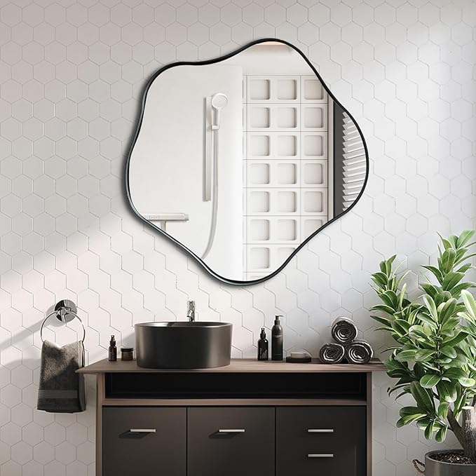 Large Scalloped Mirror, 35" Irregular Shaped Mirror, Asymmetrical Wall Mirrors Decorative, Modern Wavy Round Mirrors for Living Room Bathroom Bedroom Hallway Entryway Fireplace