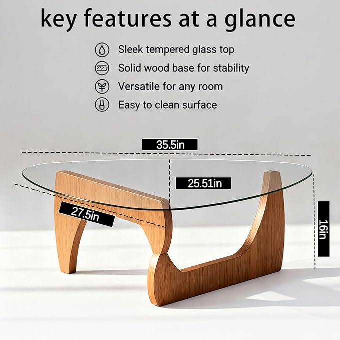 Glass Coffee Table for Living Room, Modern Center Table, Stylish mid Century Coffee Tables with Glass Triangle Top & Adjustable Wood Legs, for Living Room,Home Small Space