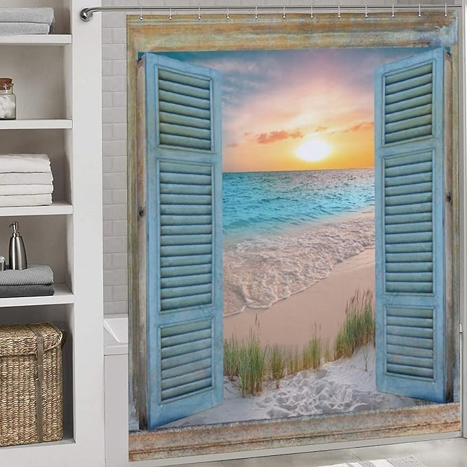 Ocean Beach Shower Curtain,Coastal Nautical Barn Wood Door Sunset Country Seaside Modern Bedroom Living Room Treatment Fabric Waterproof Fabric Bath Curtain Decor with Hooks,72x72Inch