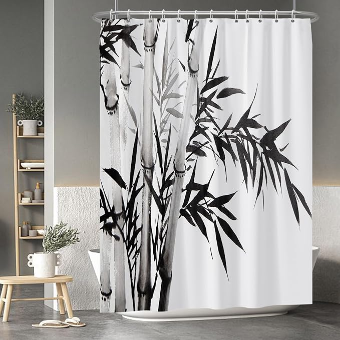 Baocicco Black White Bamboo Shower Curtain Chinese Ink Painting Plant Art Aesthetic Shower Curtains Decorative for Bathroom Waterproof Fabric Shower Curtain with Hooks 72x96 Inches