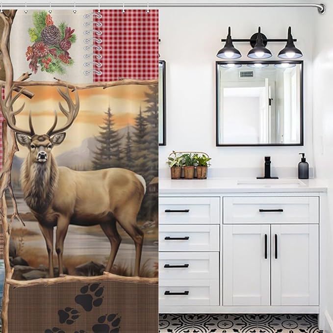 Retro Bear Rustic Shower Curtain, Farmhouse Country Antique Moose Bear Forest Vintage Wood Hunting Camping Waterproof Shower Curtains for Bathroom Decor 12 Pack Hooks 66x72in（168x183cm）