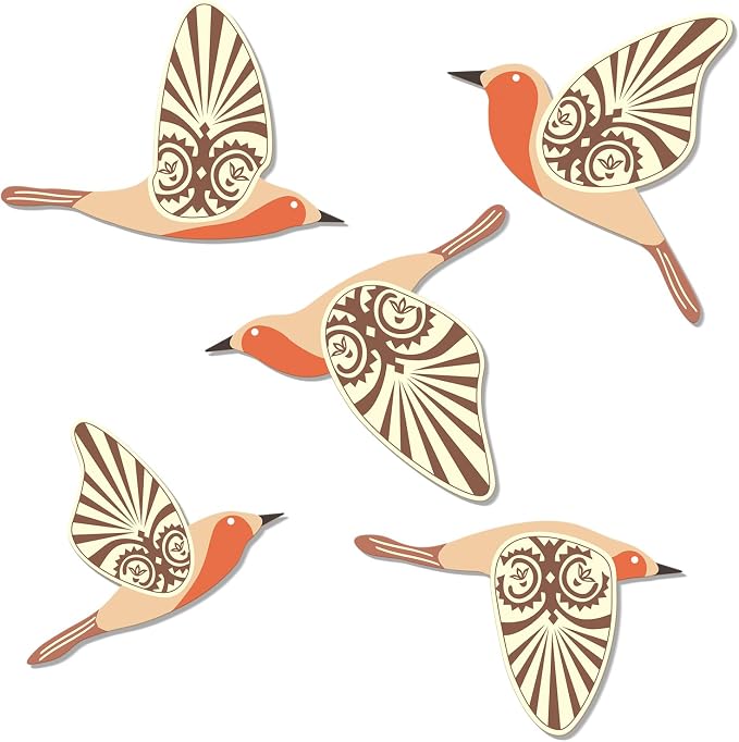 KOYILTD 5 Piece Bird Wood Wall Sculptures Wooden Wall Art Decor Scandinavian Home Decorations Flying Bird Wall Decor Farmhouse Wall Art for Home Living Room Bathroom Dining Room (Orange)