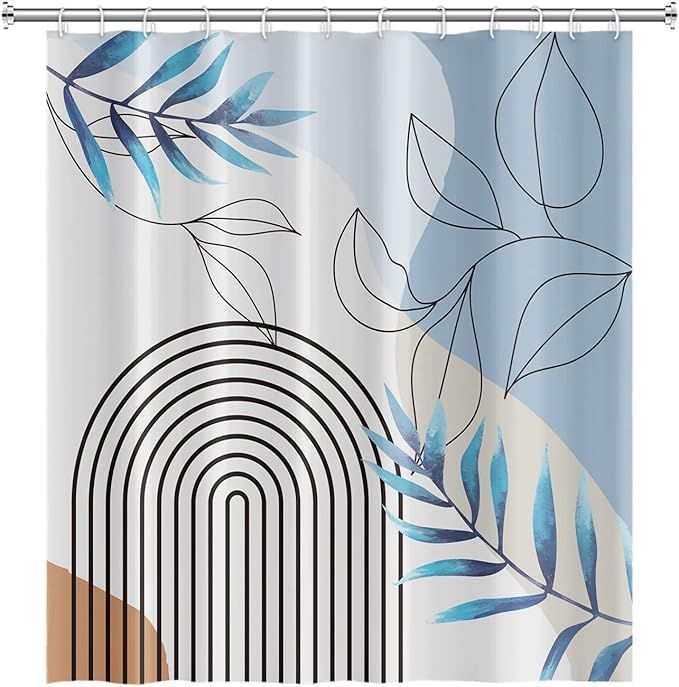 Abstract Mid Century Bathroom Shower Curtain Bohemian Eucalyptus Leaves Stripes Arch Light Blue Shower with Hooks Waterproof Fabric Polyester, 65x72 Inch