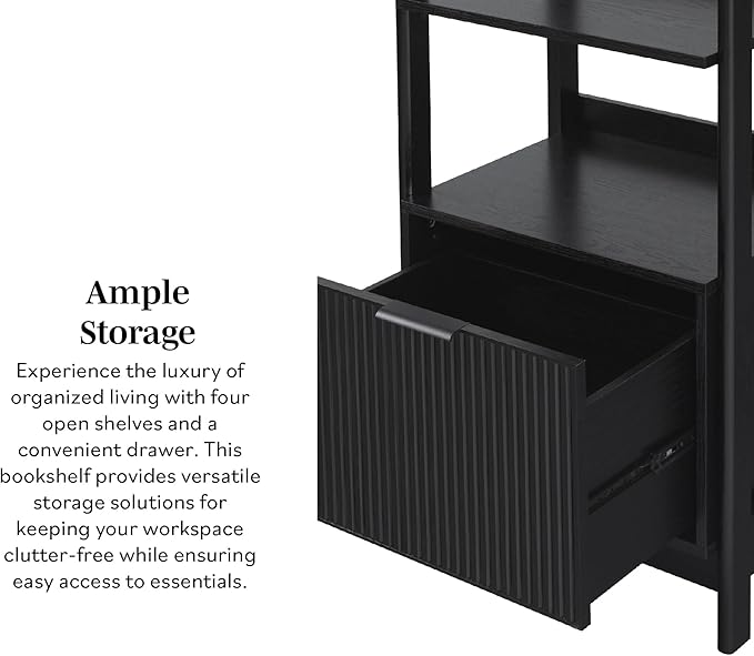 Walker Edison Transitional Reeded Narrow Open Bookshelf with Drawer on Bottom for Home Office, Living Room, Bedroom, 4-Shelf Bookcase with Bottom Storage, 22”W x 16.75”D x 70”H, Black