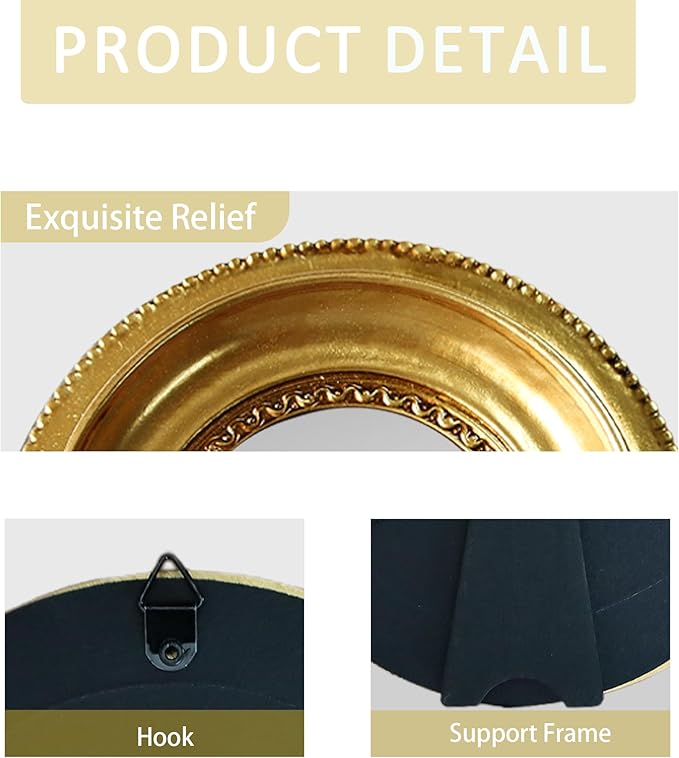 Golden Mini Vintage Mirror with Exquisite Relief Elegant Wall Decor for Bedroom Dresser Table Compact Resin Retro Design (Gold Round 02, 4.7 X4.7)