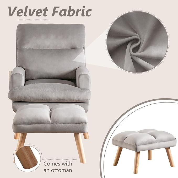 Accent Chair with Ottoman, Velvet Fabric Chair Armchair with Adjustable Backrest and Side Pockets, Mid Century Arm Chair with Ottoman for Living Room, Bedroom, Teen Room, Light Grey