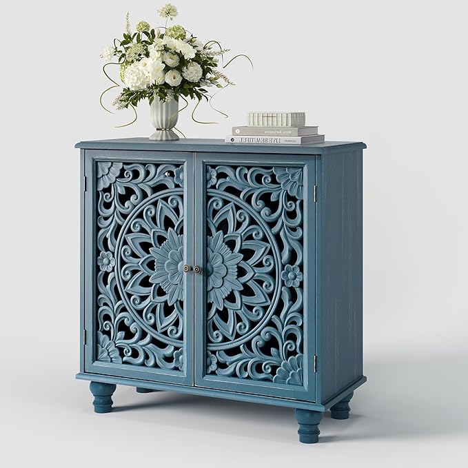 Blue Accent Cabinet with Carved Doors, 31" Storage Cabinet for Entryway & Living Room, Vintage Sideboard Buffet Table with Adjustable Shelf, Solid Wood Legs, Boho Home Decor