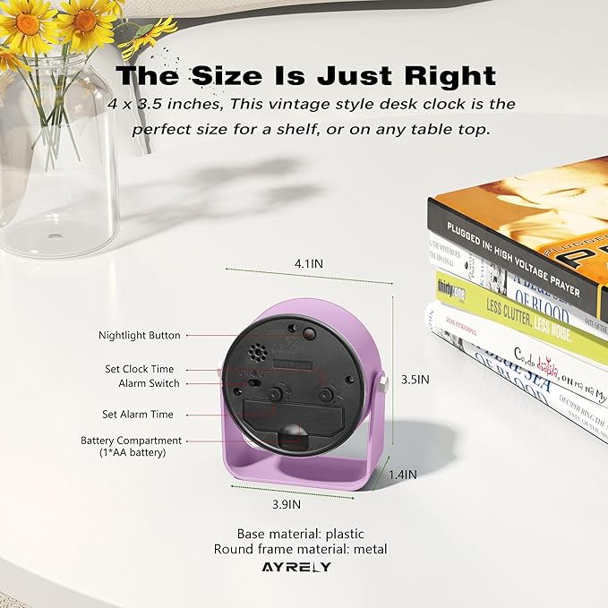 AYRELY® 3.5 Inch Small Analog Alarm Clocks,Battery Operated Desk Clock,Cute Table Clock with Light，Adjustable Angle for Travel,Bedside,Bedroom,Kids,Living Room Decor (Purple)