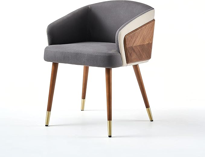 ARTPLAN Dining Accent Chair,Modern Faux Leather with Walnut, Mid Century Eucalyptus Upholsted Retro Arm Chair, Metal Legs Dissassembly Adjustable Foot for Kitchen Dining Room,Grey