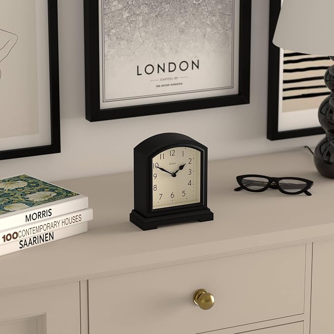 JONES CLOCKS® Tavern Mantel Clock | Modern Arch top Design | Black | Contemporary Classic Style for Desk, Table, Shelf or Bedside