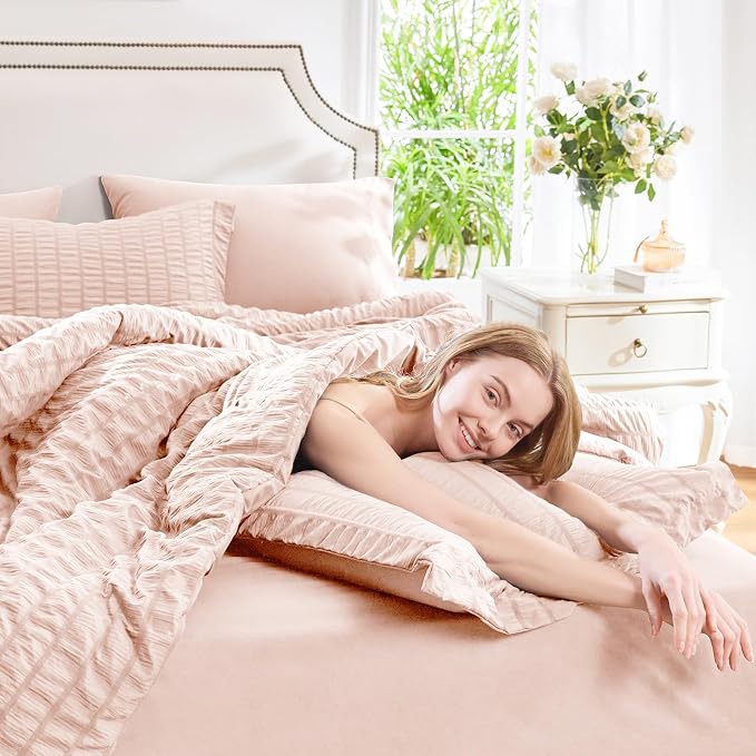 CozyLux Twin XL Comforter Set for College Dorm, 5 Pieces Blush Pink Seersucker Twin Extra Long Bed in a Bag, Down Alternative Bedding Set with Comforter, Sheets, Pillowcase & Sham, Back to School Gift