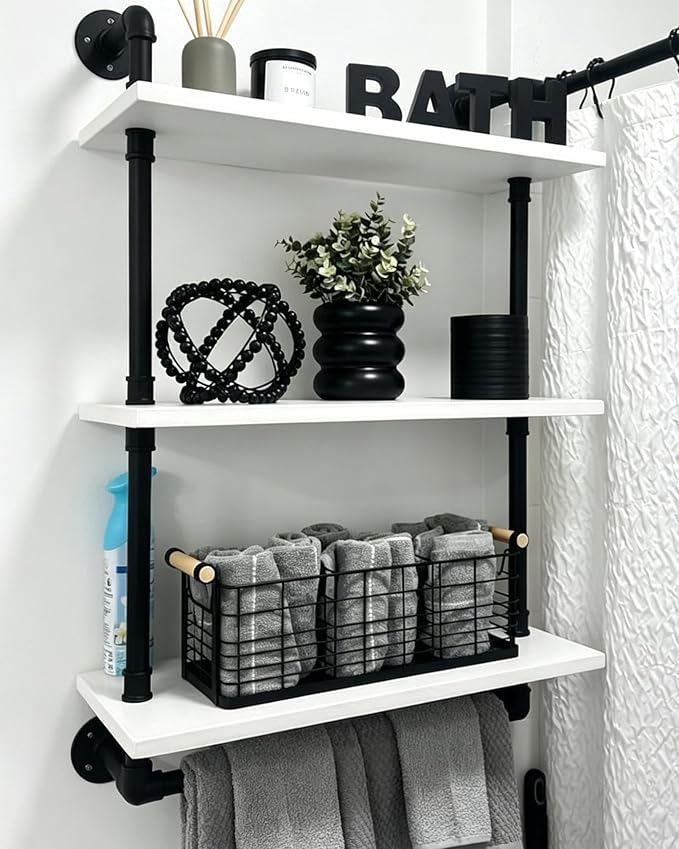 ROGMARS Industrial Pipe Shelving Bathroom Shelves with Towel Bar,3 Tier 24 inch Retro White Rustic Farmhouse Industrial Wall Shelf Bathroom Shelves Over Toilet for Storage