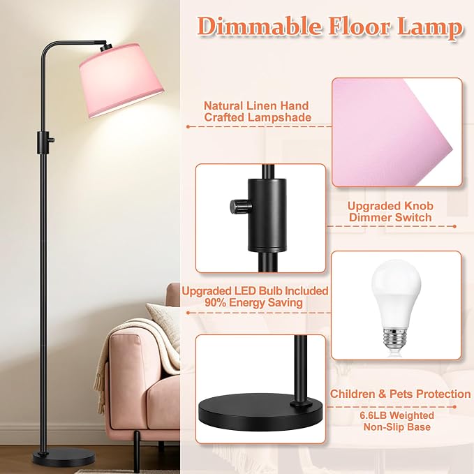 【Upgraded】 Dimmable Floor Lamp, 1000 Lumens LED Edison Bulb Included, Arc Black Floor Lamps for Living Room Modern Standing Lamp with Pink Shade, Tall Lamps for Living Room Bedroom Office Dining Room