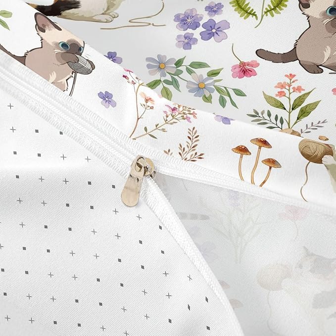 Erosebridal Cute Cat Toddler Bedding Set Kitten Cat Lovers Duvet Cover Nature Watercolor Florals Comforter Cover for Kids Girls Boys Adults Pet Animals Bed Set