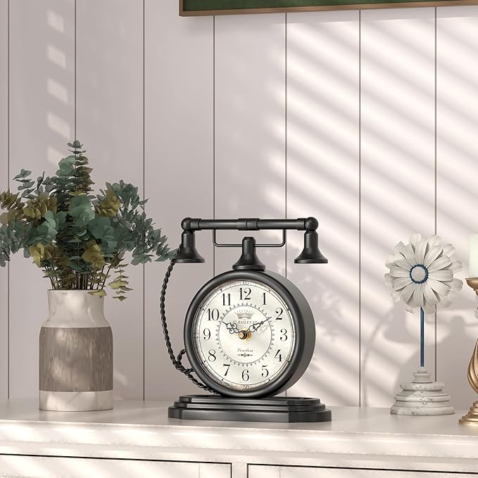 Vintage Table Clock, Desk and Shelf Decor Clock, Black Antique Telephone Style Mantel Clocks, for Living Room, Farmhouse, Bedroom, Bedside, Gift (7.3" H x 7.3" W)