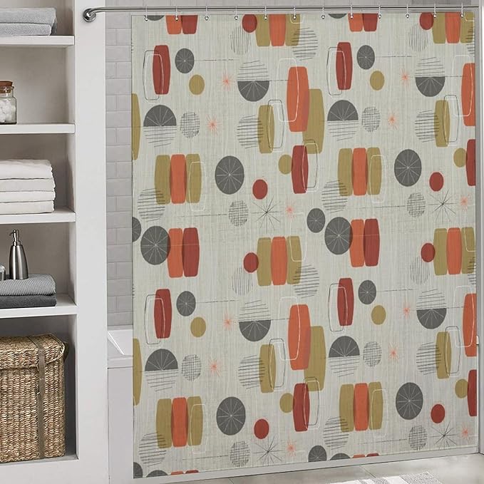 Mid Century Shower Curtain Modern Abstract Geometric Shapes Retro Texture Pattern Duty Fabric Shower Curtains Set Bathroom Polyester Waterproof with 12 Hooks,72x72Inch（183x183cm）