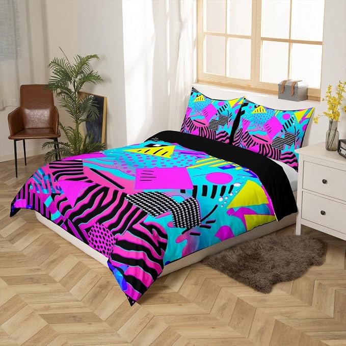 Tiger Skin Bedding Set Queen Size Purple Teal Blue Wild Animal Skin Duvet Cover,Vintage 80s 90s Memphis Comforter Cover Mens Hipster Hip-Hop 3D Geometric Quilt Cover Wildlife Fur Spot Room Decor