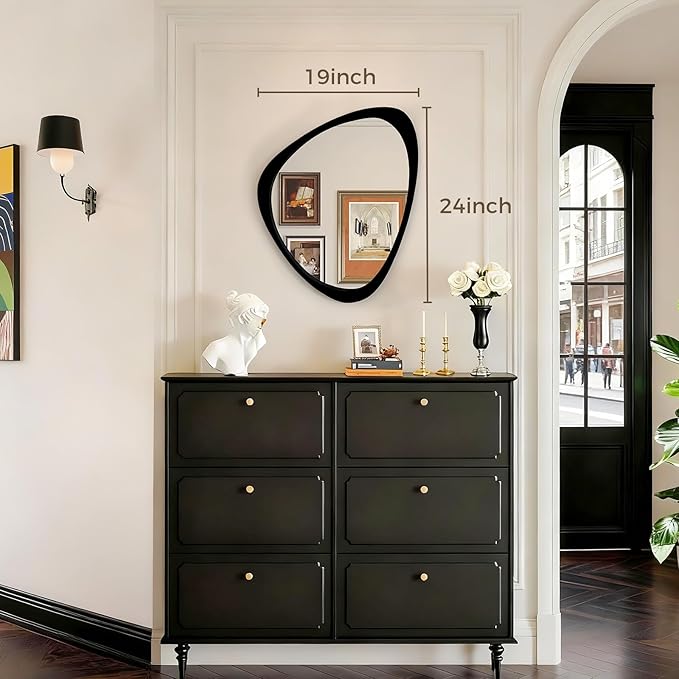 Asymmetrical Mirror, 24"x19" Unique Irregular Wall Mirror, Wood Mid Century Modern Mirror Decor for Bathroom Bedroom Living Room Entryway Hallway (Black)