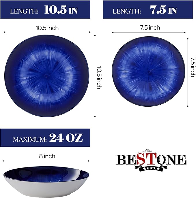 Bestone 12 Piece Round Kitchen Dinnerware Sets,Plates and Bowls sets,Dishes, Plates, Bowls, Dish Set，Plates and Bowls,Service for 4, Chip Resistant Porcelain ，Starburst Turquoise Dark Blue