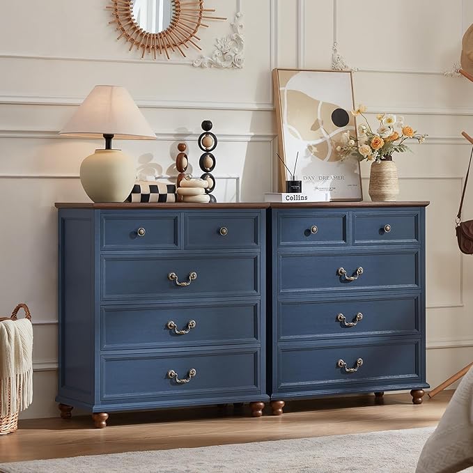 Farmhouse 5 Drawer Dresser Set of 2 for Bedroom, 35" Tall Rustic Chests of Drawers w/ 4 Solid Wood Feet, Mid Century Vintage Wooden Closet Storage Dressers Organizer for Living Room, Blue