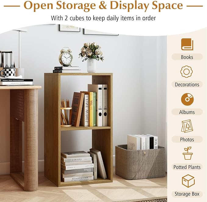 Tangkula 2-Cube Bookcase, 3-Tier Bookshelf with Open Compartments, Freestanding Cube Storage Organizer with Anti-Toppling Kits, Modern Display Shelf for Living Room, Study (1, Natural, 2-Cube)
