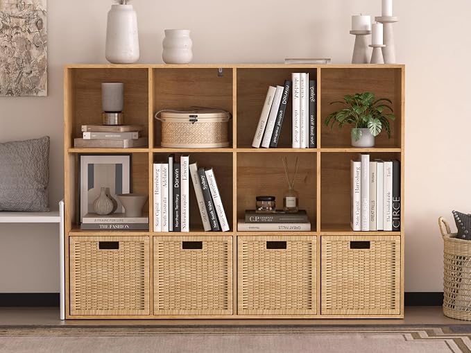 Wooden 12 Cube Storage Organizer with Closed Back Panel,Natural Oak Cube Shelf Cubby Storage Organizer with Compartments for Living,Bookshelf, Easy to Install (Oak, 12-Cube-11in)
