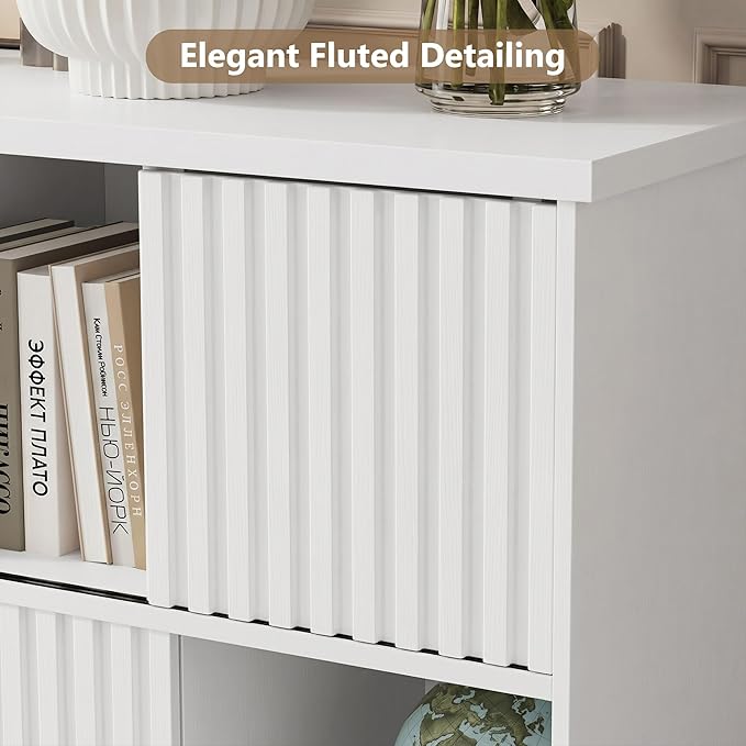 Einhomn 8 Cube Storage Organizer with Sliding Doors, Modern Fluted Bookshelf with Storage Cabinet, Wooden Bookcase with 4 Open Shelves for Living Room, Home Office, Bedroom, White