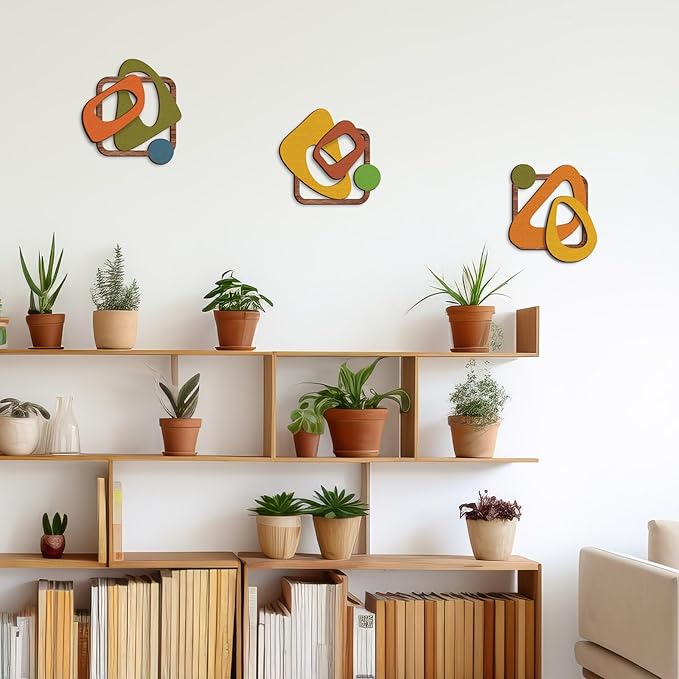 Pigort 3 Pcs Wooden Abstract Wall Art Mid Century Modern Wall Art 3D Modern Elegance Wall Decor Geometric Wall Decoration for Home Living Room Office 12.2x13inch