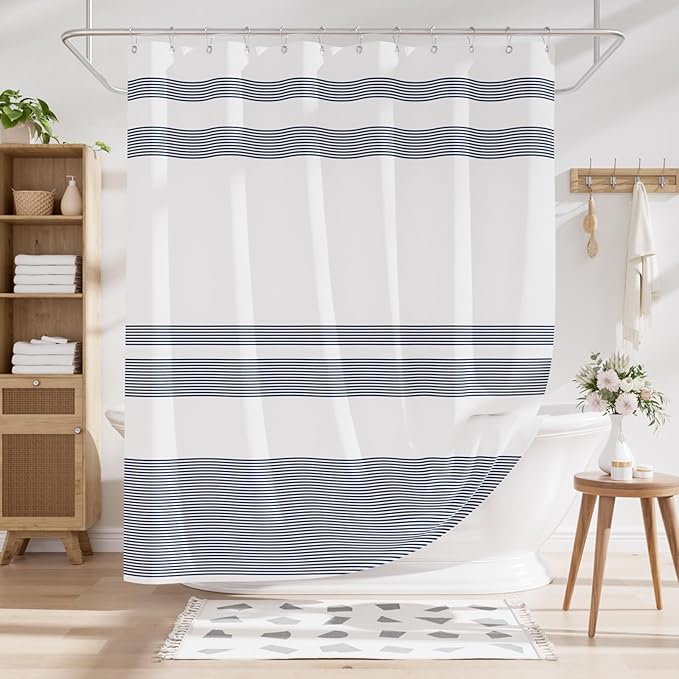 AmazerBath Striped Blue Shower Curtain, Cute Blue Stripe Bathroom Shower Curtain with 12 Shower Curtain Hooks, Rustic Fabric Blue and White, 72x72 Inches