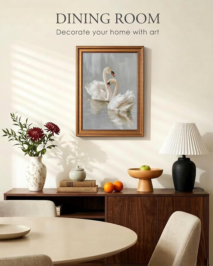 HUARCEY Gold Framed Vintage Wall Art for Living Room, Animals Painting Prints Shelf Decor for Kitchen, Aesthetic Bedroom Wall Art, Best Gifts for Friends or Family - Two Swans 16L x 12W