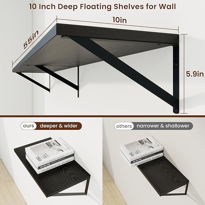 Axeman Deep Floating Shelves | 55 Inch Black Wall Shelves Set of 2 | 10 Inch Deep Wood Floating Shelves for Wall | 55" W x 10" D Black Shelves for Living Room Bathroom Kitchen