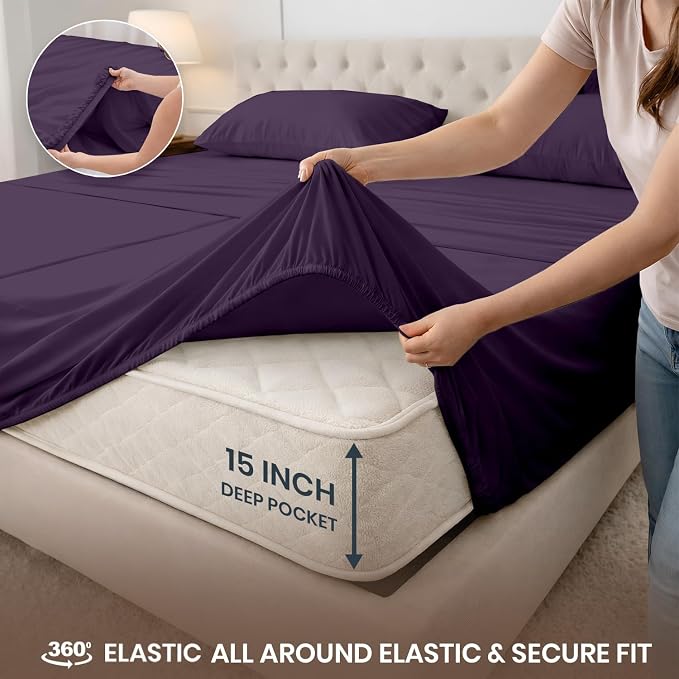 SGI Split King Sheet Set for Adjustable Bed Egyptian Premium Cotton 600 Thread Count Sheets for Sleep Number Bed 15" Deep Pocket 5 Pc Set with 2 Twin XL Fitted Sheets Soft Breathable -Plum