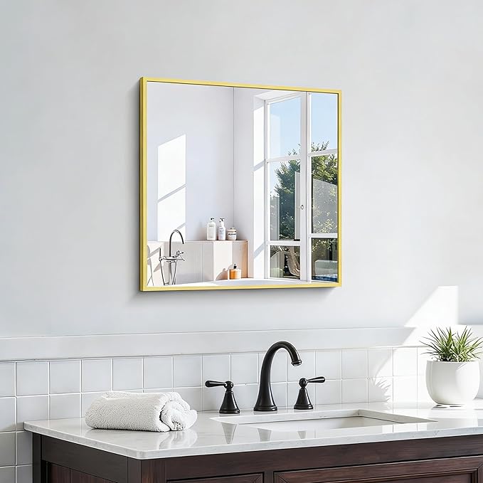 KOCUUY Gold Bathroom Mirror, 24"x24" Rectangle Bathroom Mirror for Wall, HD Tempered Glass, Anti-Rust Frame, Modern Design for Bathroom, Bedroom, Living Room, Entryway