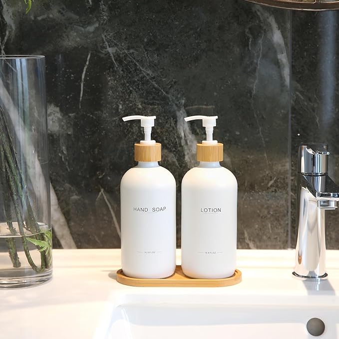 Bathroom Soap Dispenser Set, Bamboo Pumps & Tray, Lotion Dispenser, and Hand Soap Dispenser Bathroom Counter Decor. (White)