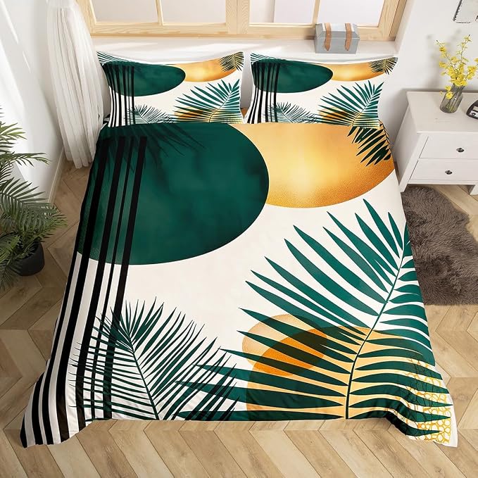 Feelyou Palm Leaf Duvet Cover Twin Size Kids Modern Abstract Art Bedding Set Boys Girls Boho Bohemian Style Comforter Cover Set Exotic Floral Mid Century Geometric Bedspread Cover(No Comforter)