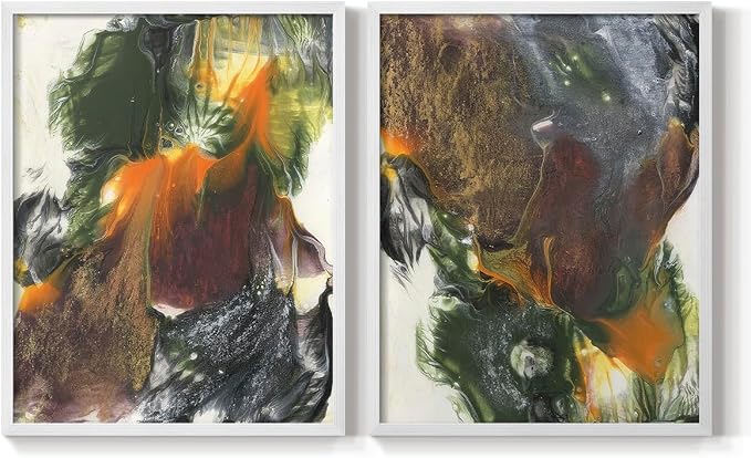 Renditions Gallery Set of 2 Peel & Stick Framed Prints, Watercolor Abstract Wall Art, Colorful Fluid Design Wall Decor, Re-Stickable - Ready to Hang - 22"x28" - White Frame LT588