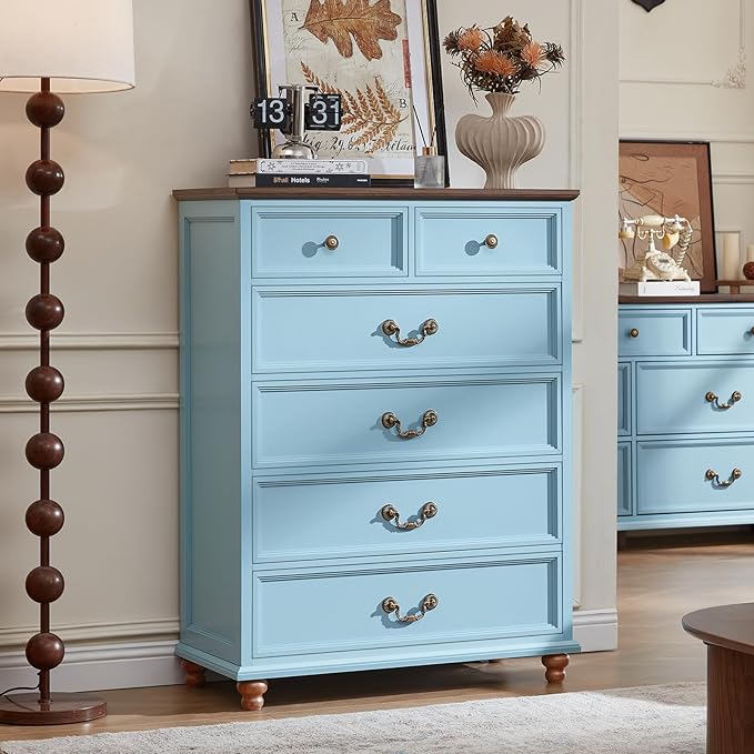 Farmhouse 6 Drawer Dresser for Bedroom, 42" Tall Rustic Chests of Drawers w/ 4 Solid Wood Feet, Mid Century Modern Wooden Closet Storage Dressers Organizer for Living Room, Hallway,Light Blue