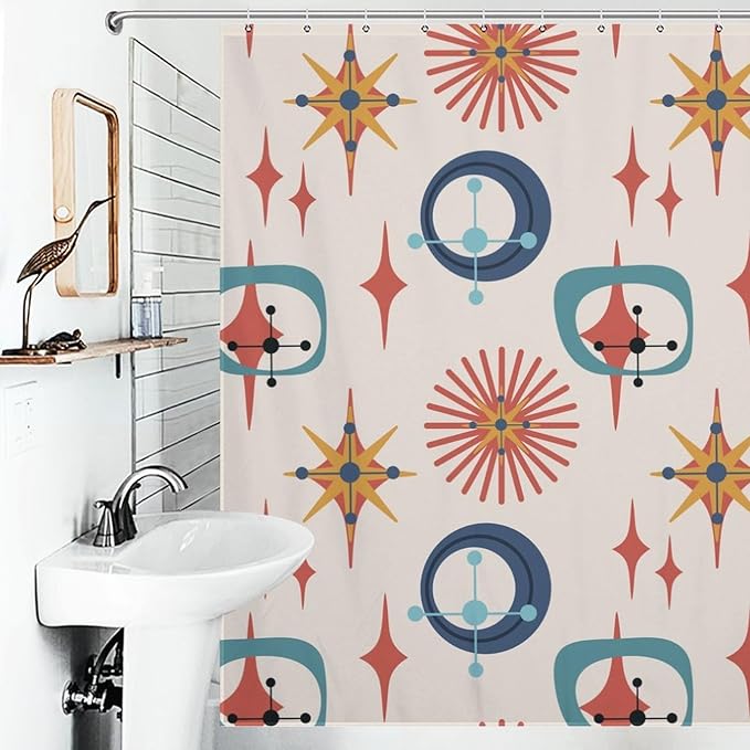 Retro 50s Shower Curtain Mid Century Modern Geometric Stars Colors Pattern Duty Fabric Shower Curtains Set Bathroom Polyester Waterproof with 12 Hooks,72x72Inch（183x183cm）
