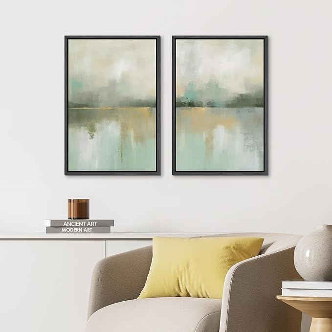 IDEA4WALL Framed Canvas Print Wall Art Set Golden Mist Lake Abstract Water Landscape Illustrations Modern Art Decorative Coastal Cottage Seascape for Bedroom - 24"x36"x2 Black