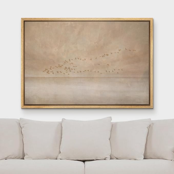 MUDECOR Framed Canvas Print Wall Art Minimalist Flock of Birds Over Neutral Landscape Illustrations Minimalism Decorative Bohemian Zen for Living Room, Bedroom, Office - 24"x36" NATURAL